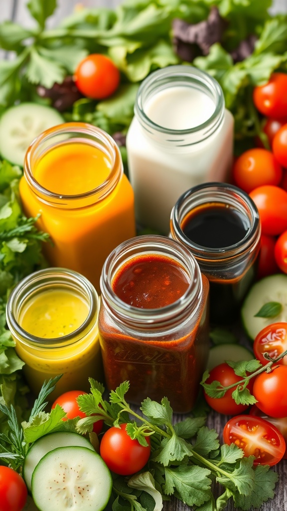 Assortment of colorful homemade salad dressings in jars with fresh salad ingredients.